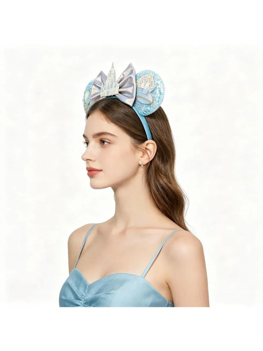 Women Blue Polyester Sparkle Sequins Mickey Mouse Hair Bow Handmade Headband